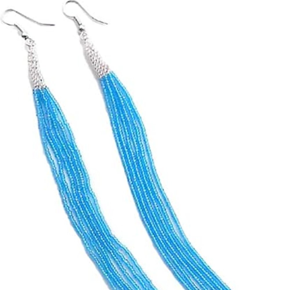 Long 8 Inch Turquoise Blue Pink Beaded Fringe Tassle Earrings Dangle Statement - Picture 3 of 3